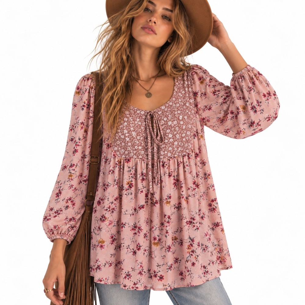 Ditsy Floral Oversized Boho Tunic Prairie Top M Cottagecore Lagenlook Romantic